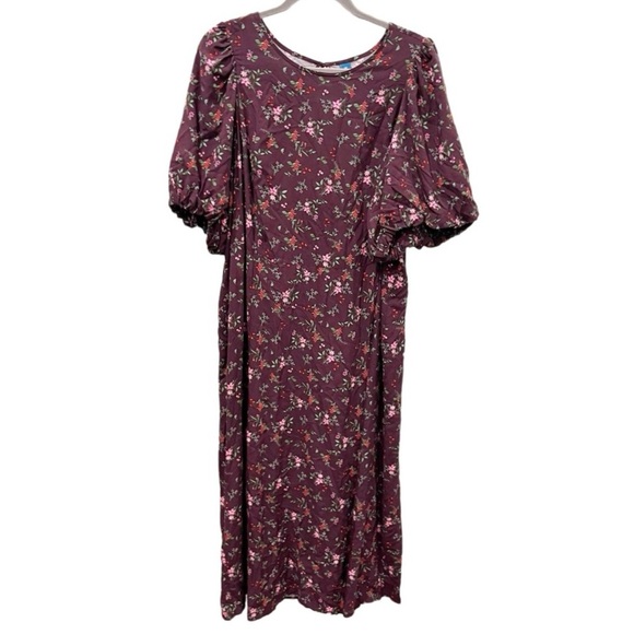 Old Navy Dress Women's 3X Maroon Floral Slit Puff Sleeve Maxi Cottage Prairie - Picture 2 of 9